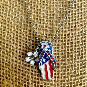 USA Flag Patriotic July 4th Silver Plated Crystal Enamel Flip Flop Necklace NEW